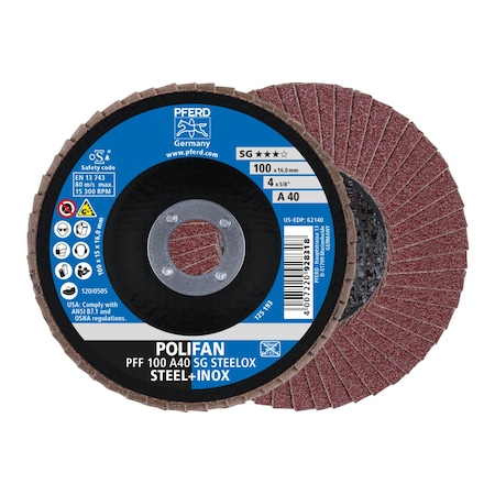 Pferd Tools 4 x 5/8" A.H. POLIFAN Flap Disc - A SG STEELOX, Aluminum oxide, 40 Grit, Flat 62140